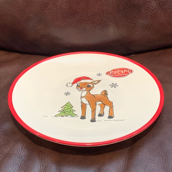 Rudolph in Santa Hat Ceramic Salad Plate - Christmas Tree Snowflakes - Picture 4 of 7